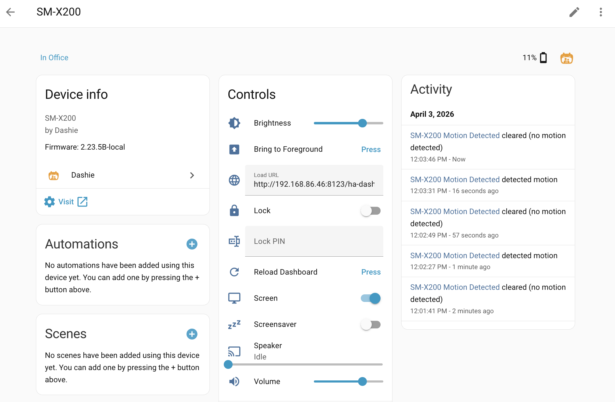 Dashie integration panel in Home Assistant