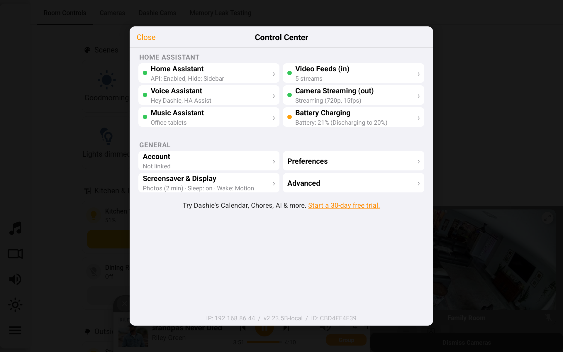 Dashie control center showing battery management