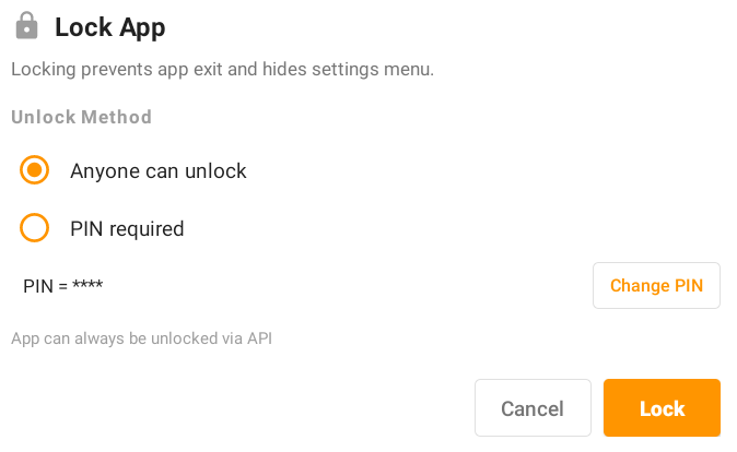 Dashie Lock App dialog with PIN protection