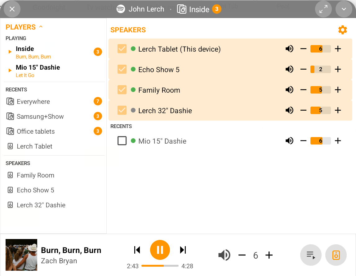 Dashie music player with multi-room speaker selection