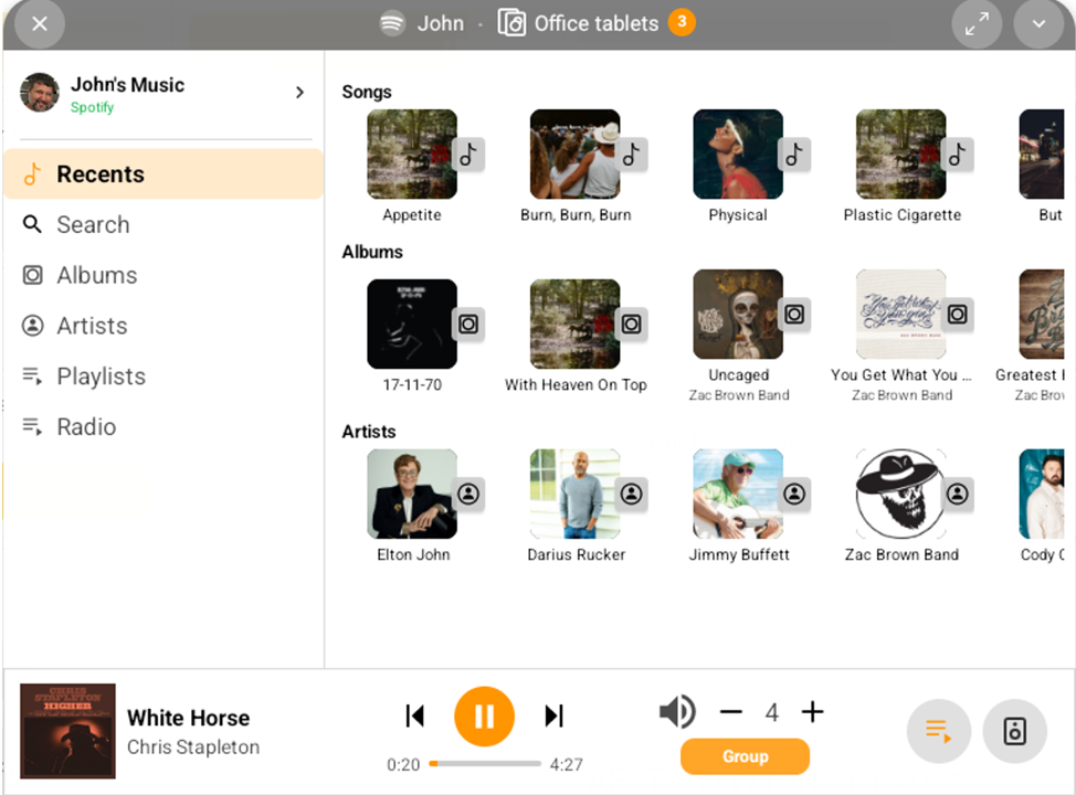 Dashie full-screen music player showing recents, albums, and playback controls