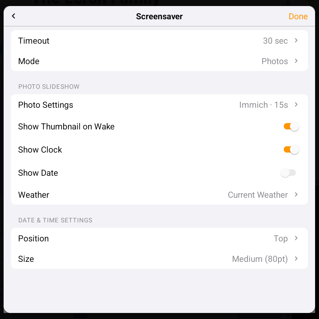 Control Center screensaver menu with Photos mode selected