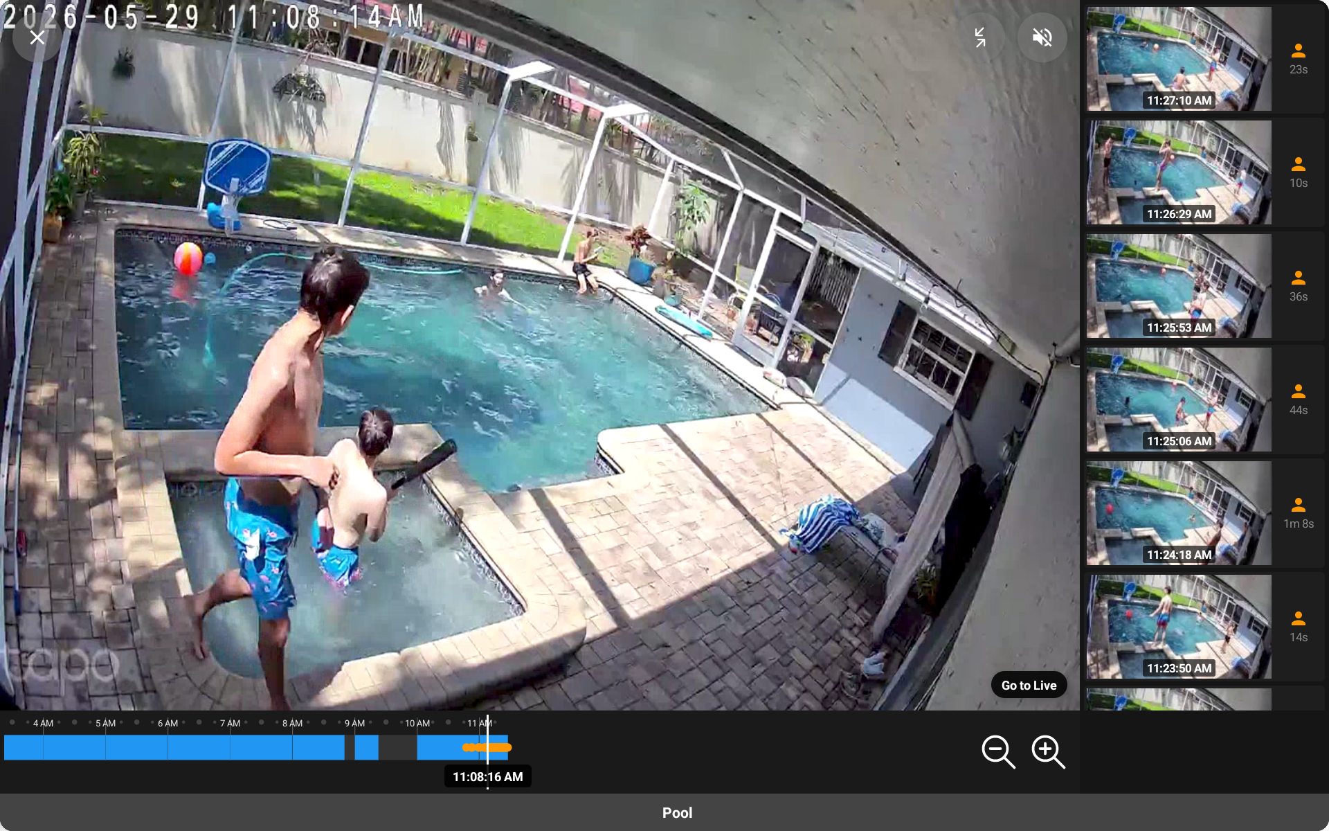 Frigate recording playback in Dashie: a live pool camera with a timeline scrubber along the bottom and a column of event thumbnails on the right