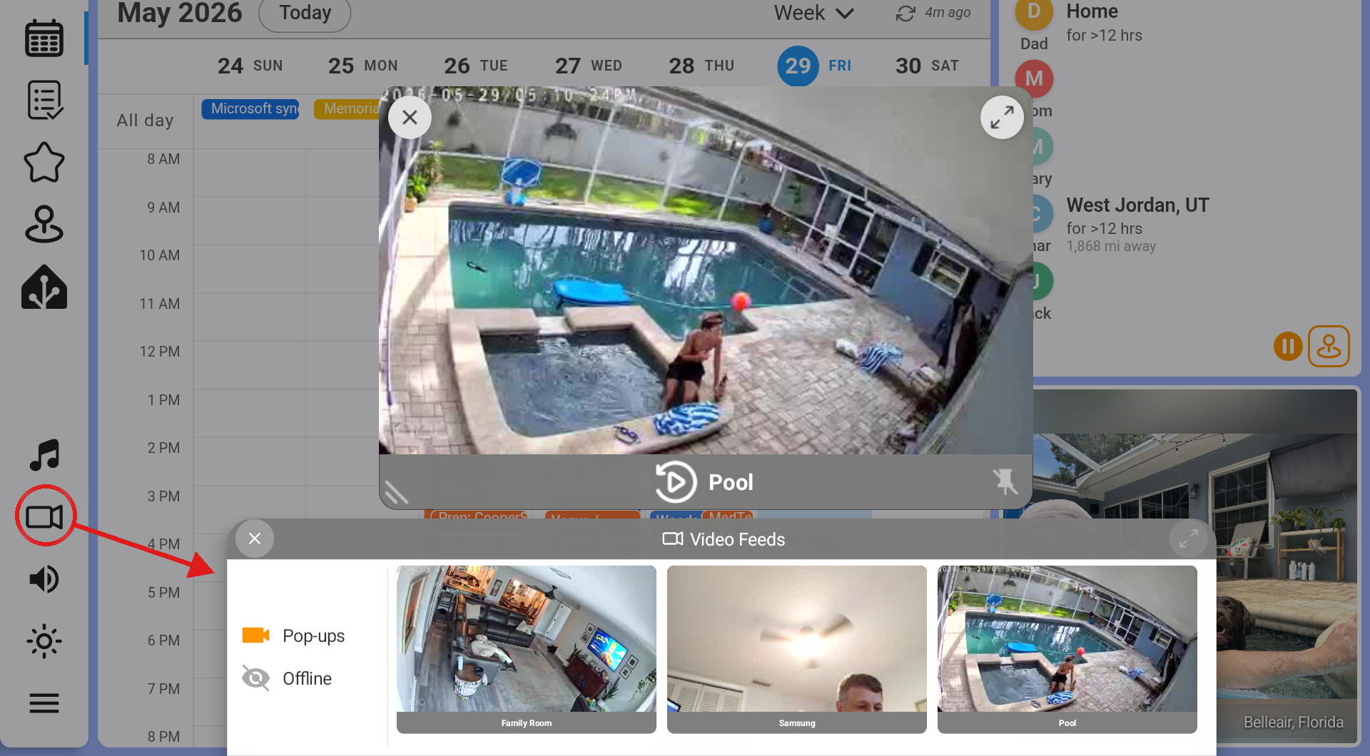 A Dashie dashboard with the sidebar video-feed icon circled in red and an arrow pointing to the Video Feeds strip of camera thumbnails along the bottom
