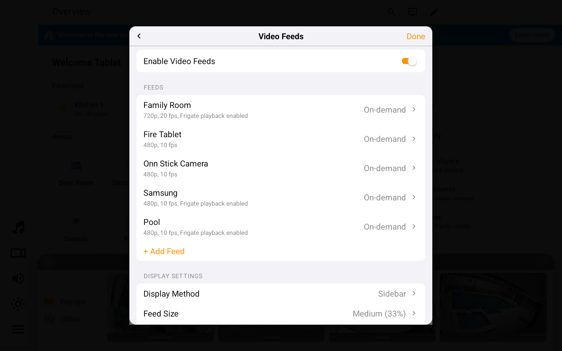 The Video Feeds settings screen showing the enable toggle, a list of camera feeds, and display settings