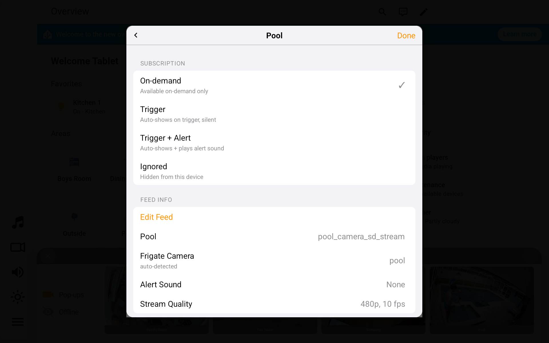 A per-feed detail screen showing the four subscription modes and the feed's stream info