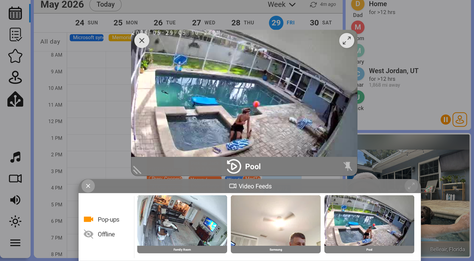 Dashie dashboard showing a live pool camera feed and a strip of camera thumbnails