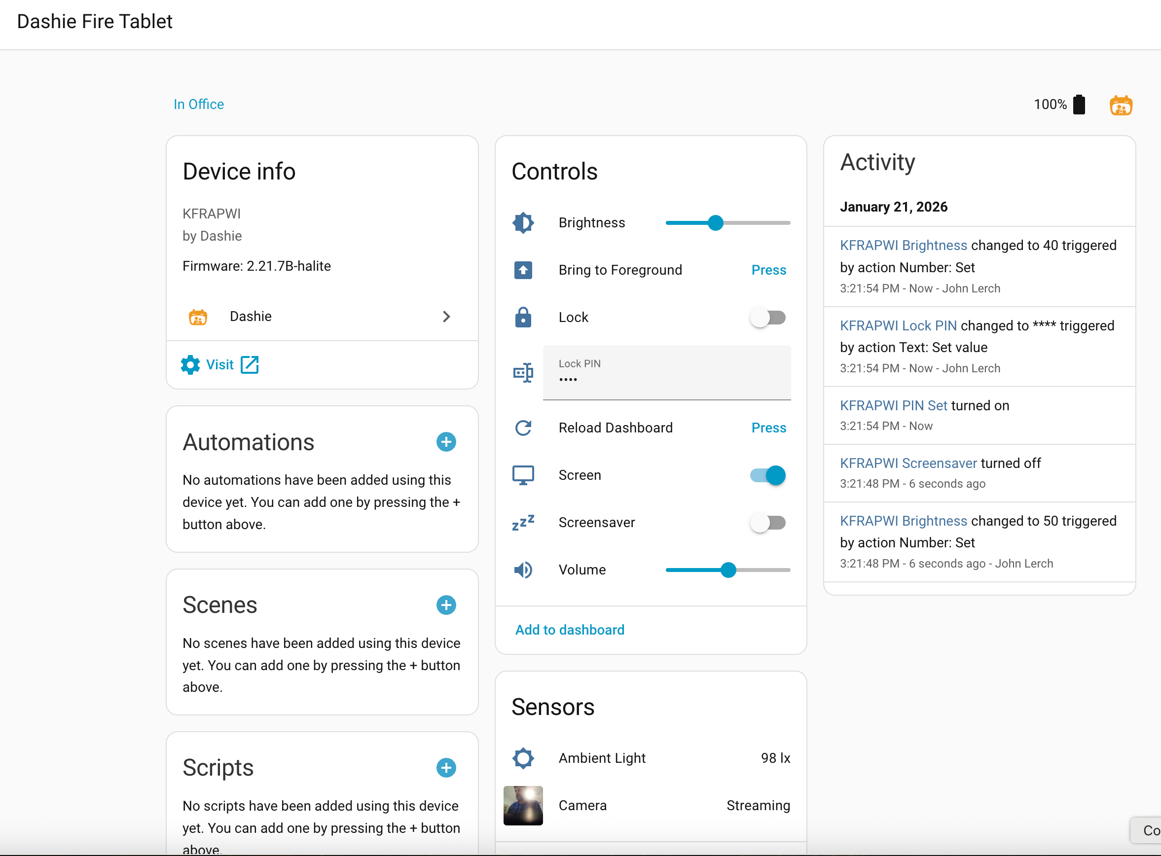Dashie Integration in Home Assistant showing device controls and sensors