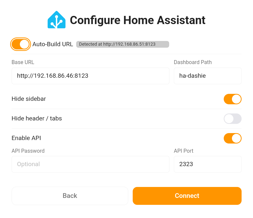 Dashie Home Assistant configuration screen