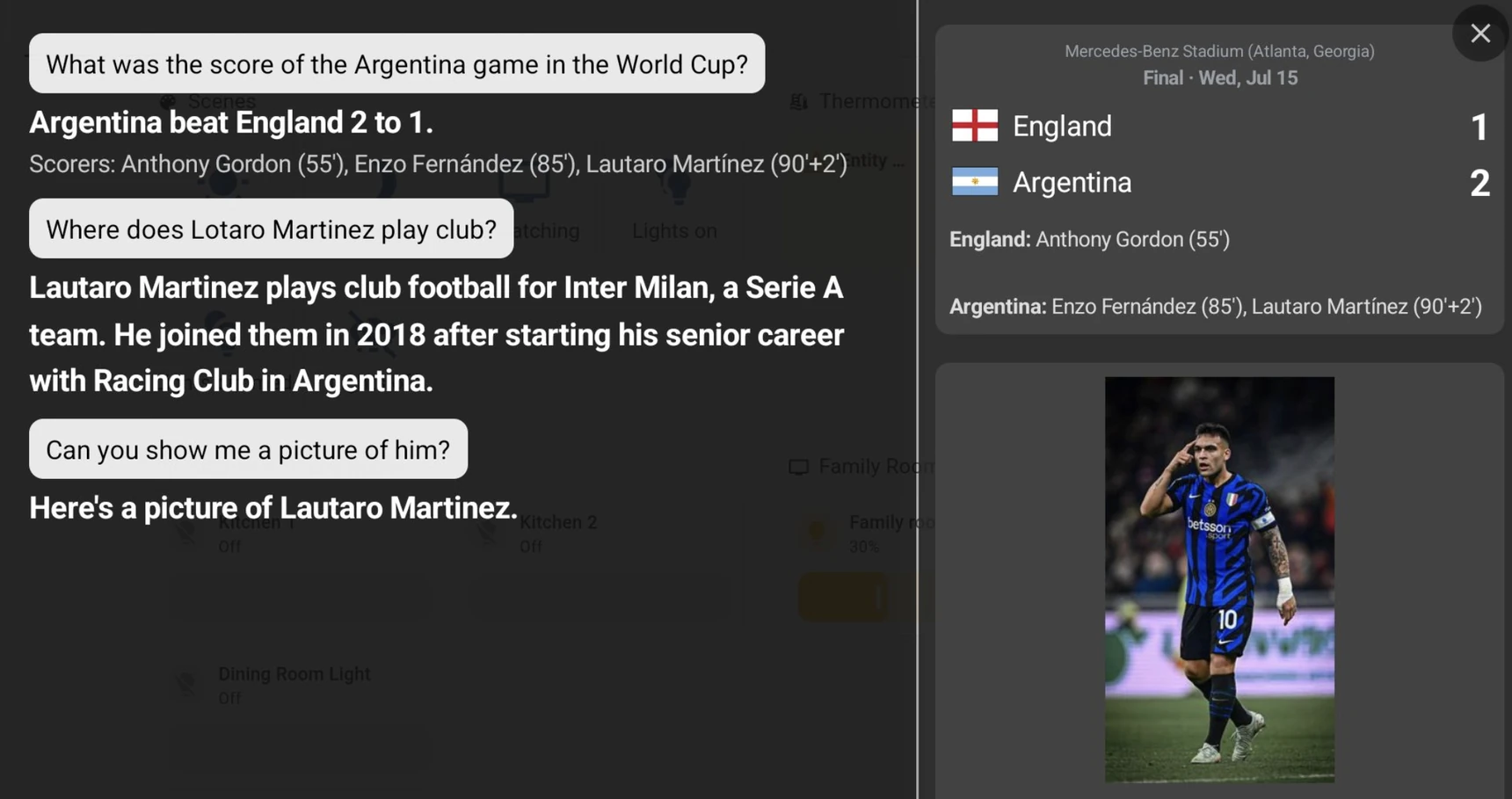 Dashie Voice answering World Cup questions over a Home Assistant dashboard, with a live score card and player photo