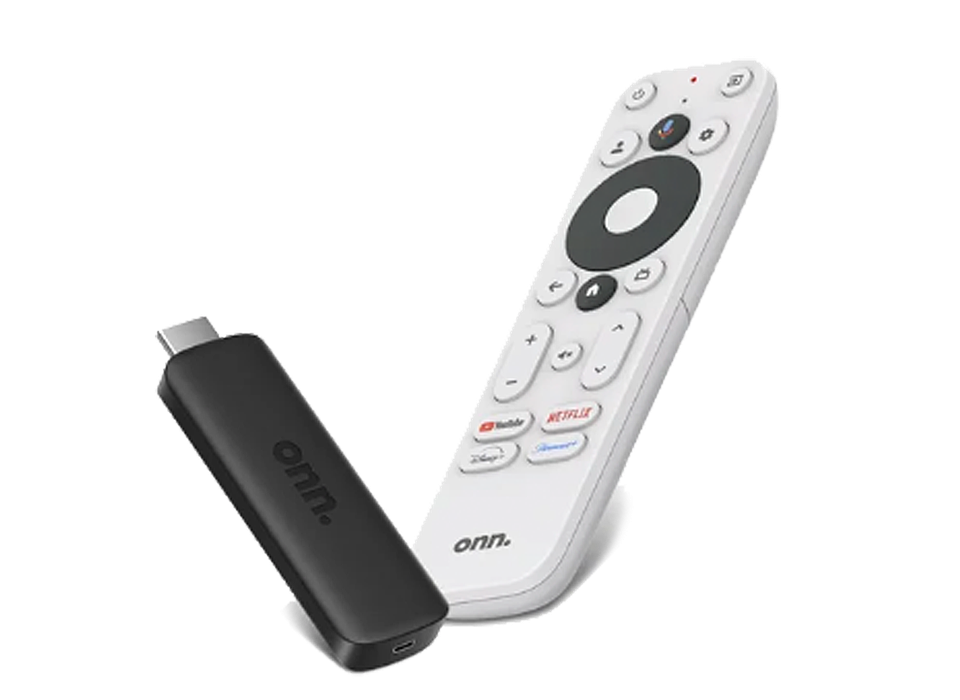 onn Google TV streaming stick with its remote